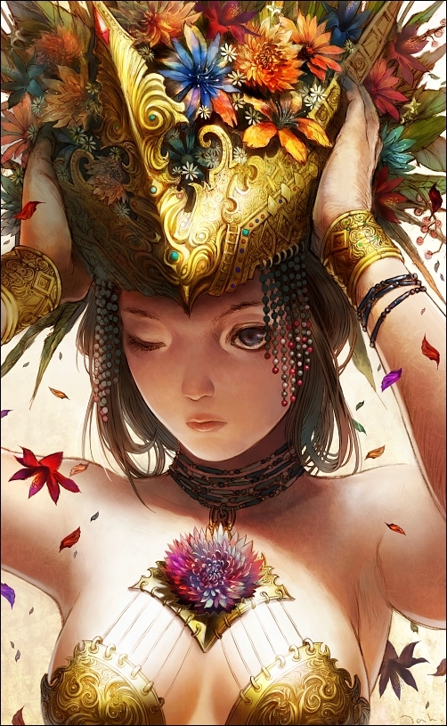 bare_shoulders, beads, blue_eyes, bracelet, brown_hair, bust, close-up, crown