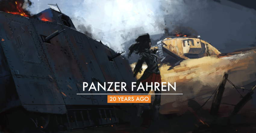 2girls, a7v_(tank), abe_yasushi_(umizoi_tibet), fire, girls_und_panzer, ground_vehicle, mark_v_(tank), military, military_vehicle, motor_vehicle, multiple_girls, original, sky, smoke, tank, world_war_i