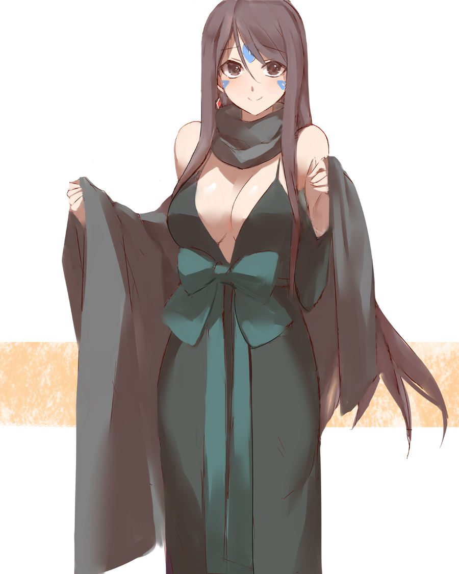 aa_megami-sama, bare_shoulders, black_hair, breasts, brown_eyes, cleavage, dress, facial_mark, forehead_mark, goddess, large_breasts, long_hair, scarf, skuld, smile, very_long_hair, yostxxx