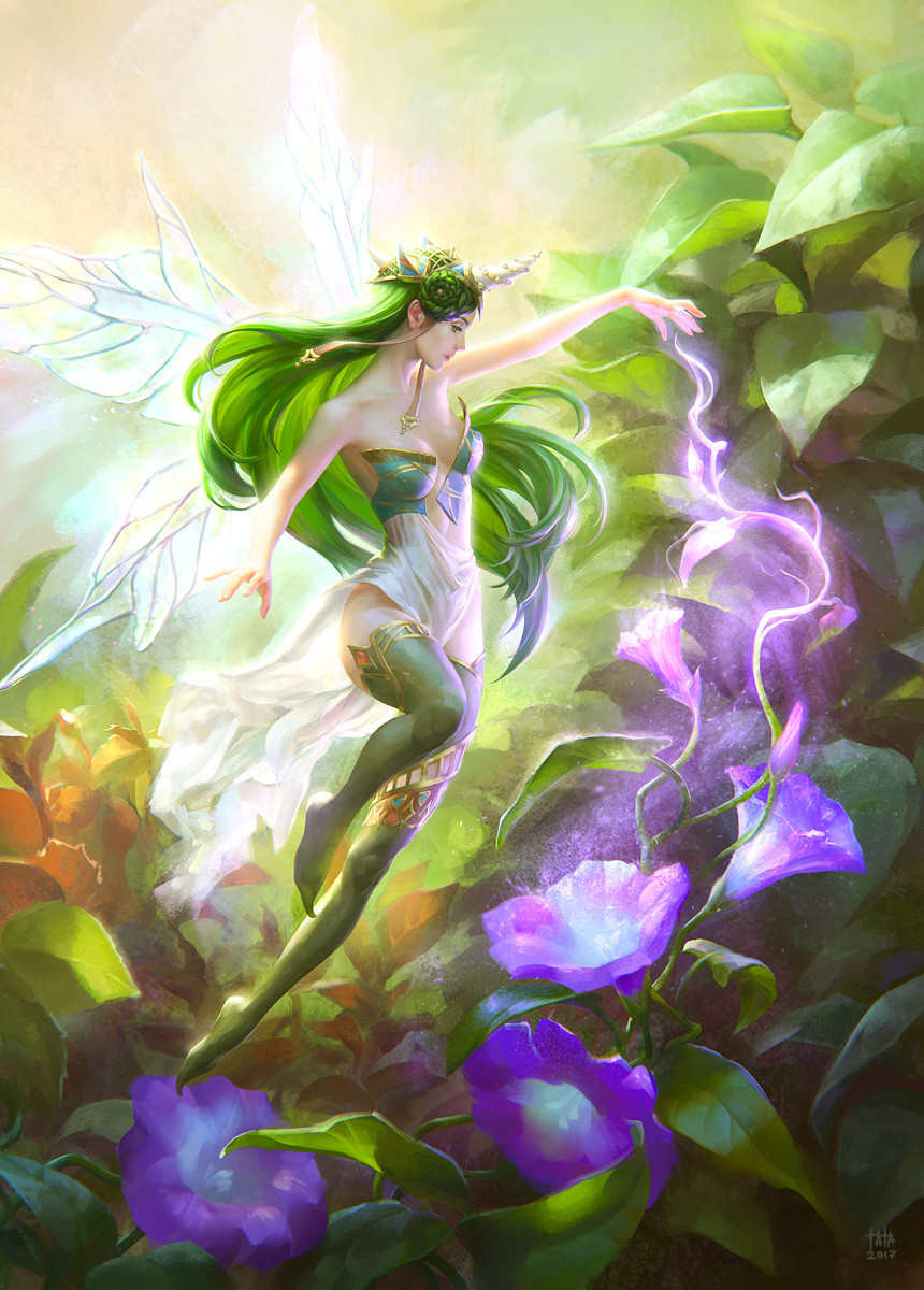 1girl, artist_name, bare_hips, bare_shoulders, closed_mouth, double_bun, fairy, fairy_wings