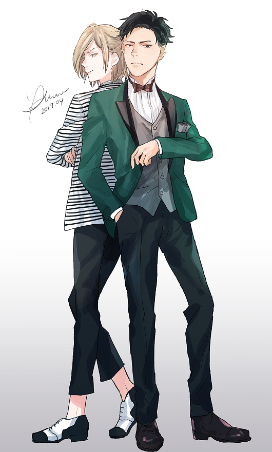 2boys, anne_(annene), back-to-back, black_hair, blazer, blonde_hair, bow, bowtie