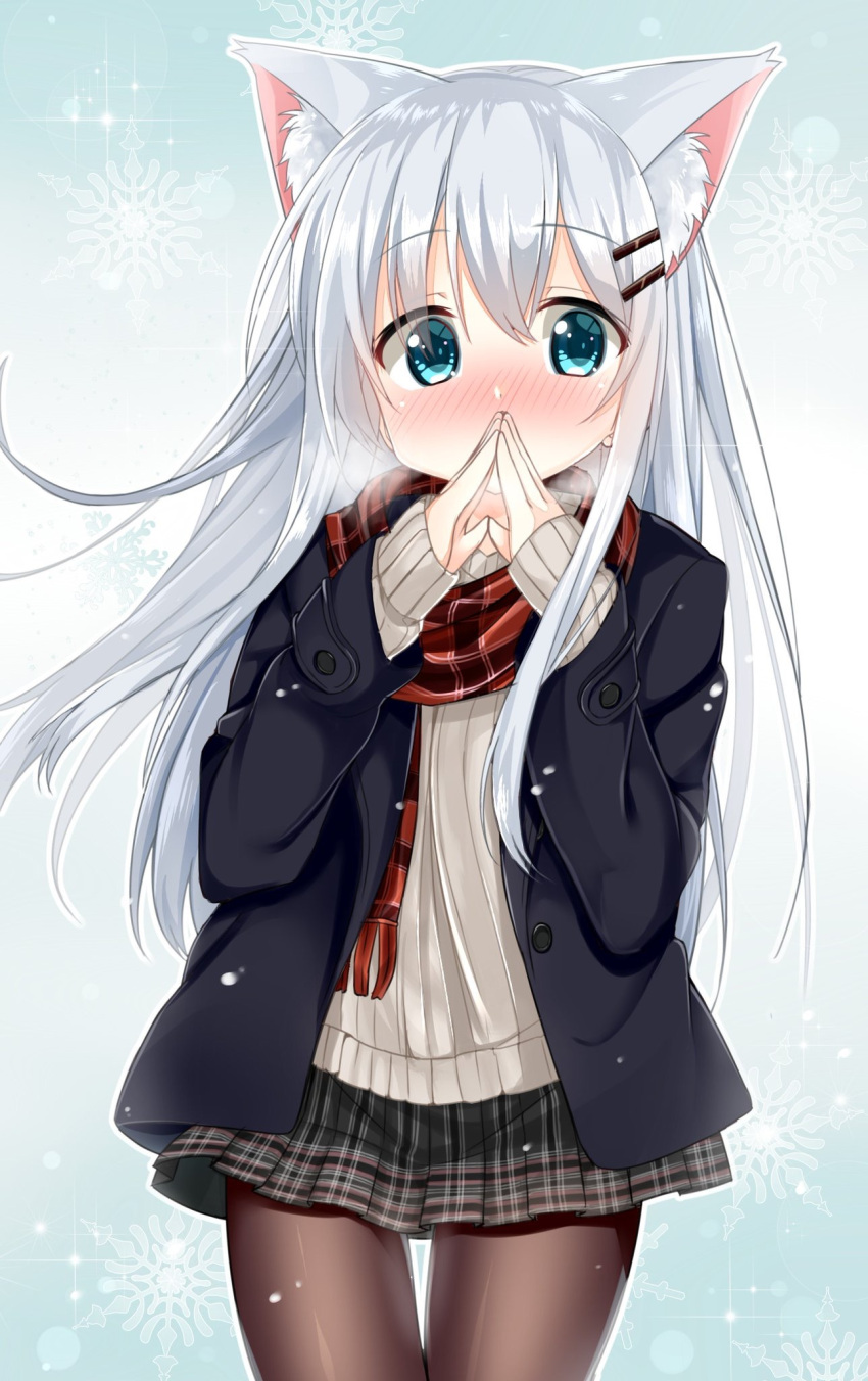 1girl, animal_ears, bangs, black_coat, black_skirt, blue_eyes, blush, brown_legwear, cacao_(chocolat), cat_ears, commentary_request, covered_mouth, cowboy_shot, eyebrows_visible_through_hair, fringe, grey_sweater, hair_between_eyes, hair_ornament, hairclip, highres, long_hair, nose_blush, original, pantyhose, pleated_skirt, red_scarf, scarf, silver_hair, skirt, snowflakes, solo, steepled_fingers, sweater, thigh_gap, very_long_hair