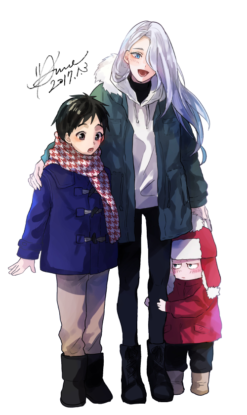2017, 3boys, anne_(annene), black_hair, blue_eyes, boots, brown_eyes, child
