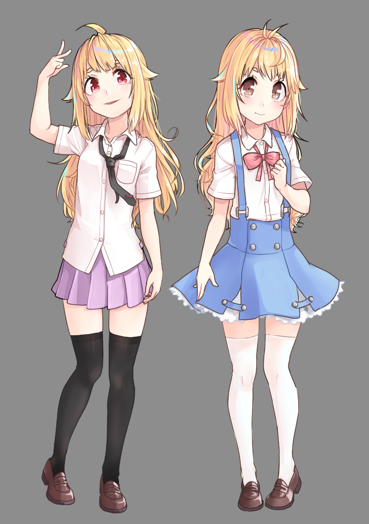 2girls, ahoge, arm_up, black_legwear, blonde_hair, blue_skirt, brown_eyes, komori_yu, long_hair, loose_necktie, multiple_girls, necktie, original, pink_skirt, red_eyes, shirt, shoes, skirt, smile, suspender_skirt, suspenders, thigh-highs, v, white_legwear, white_shirt