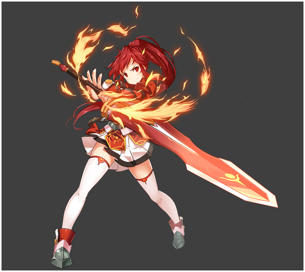 1girl, armor, armored_boots, boots, claymore_(sword), elesis_(elsword), elsword, fire