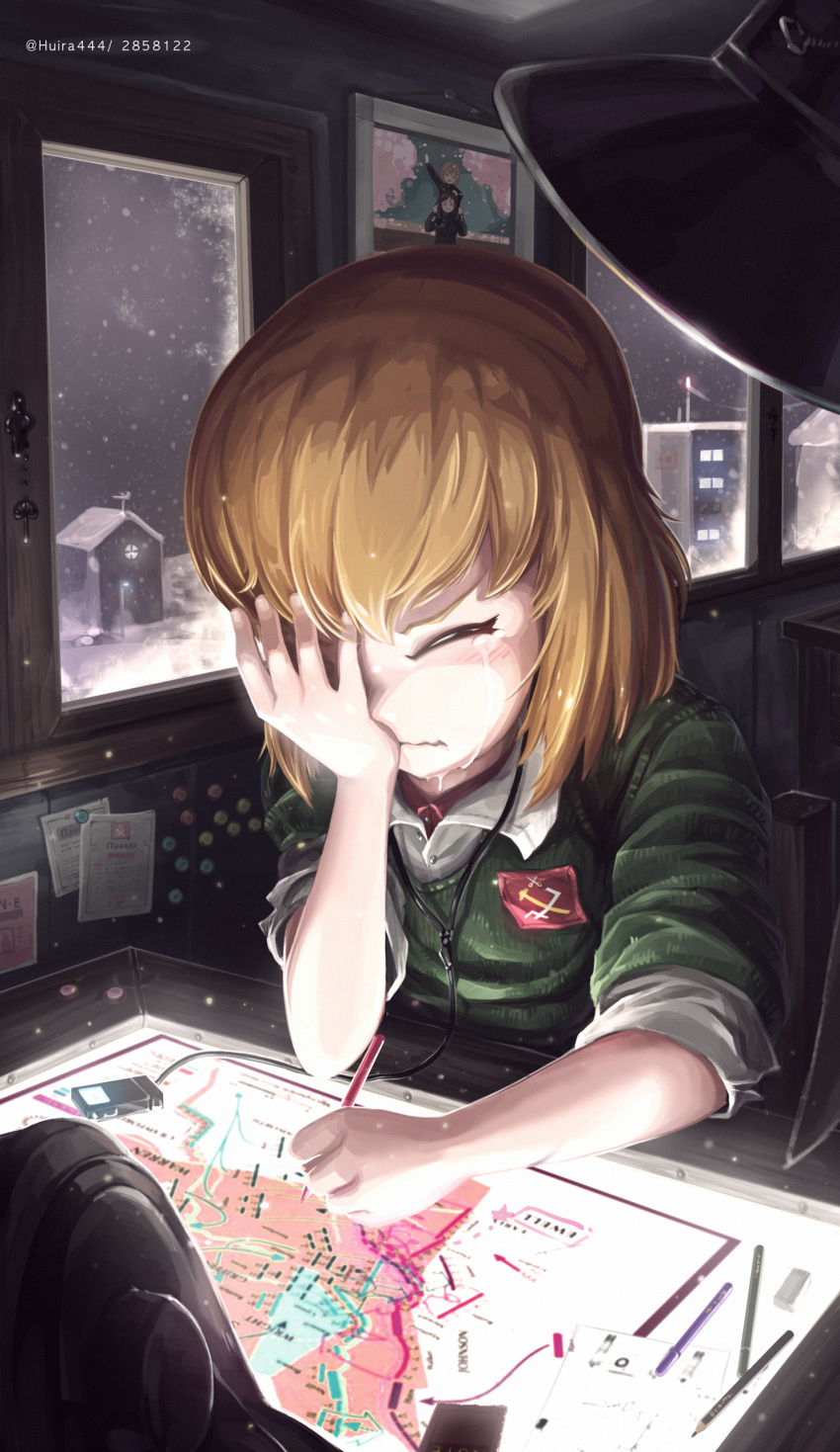 1girl, absurdres, alternate_costume, bangs, building, check_commentary, closed_mouth, commentary