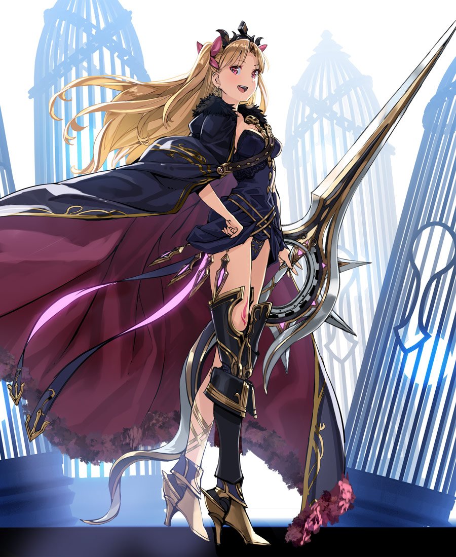 1girl, :d, blonde_hair, cage, cape, ereshkigal_(fate/grand_order), fate/grand_order, fate_(series)