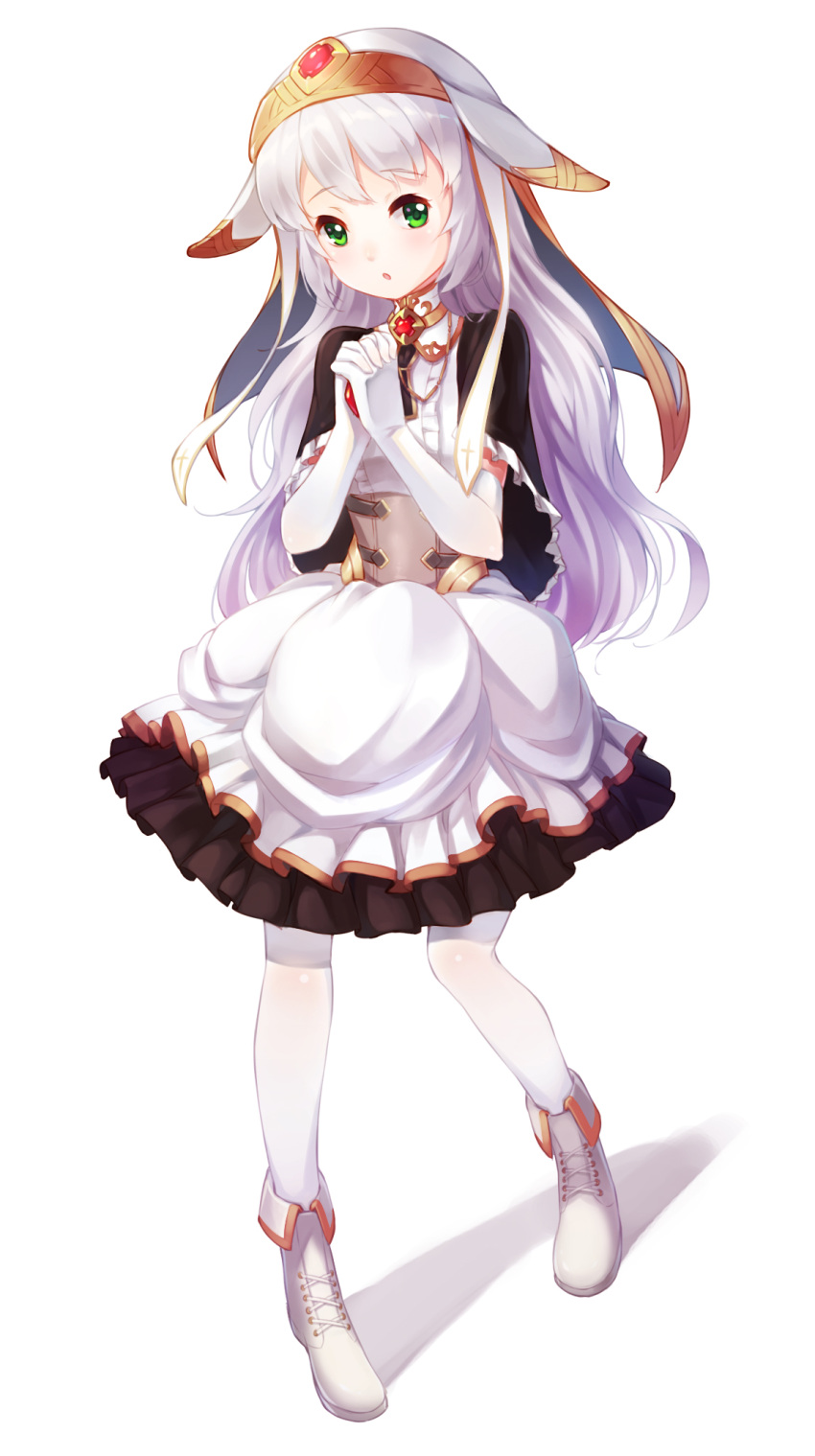 1girl, :o, boots, capelet, corset, dress, elbow_gloves, frilled_capelet, full_body, gem, gloves, green_eyes, hands_together, headband, highres, interlocked_fingers, knightzzz, looking_at_viewer, original, pantyhose, praying, solo, standing, veil, white_background, white_footwear, white_gloves, white_hair, white_legwear