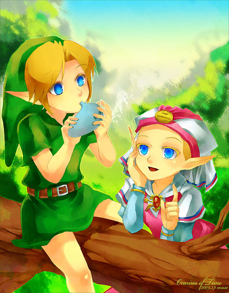 1girl, blonde_hair, blue_eyes, couple, dress, instrument, link, muse_(rainforest)