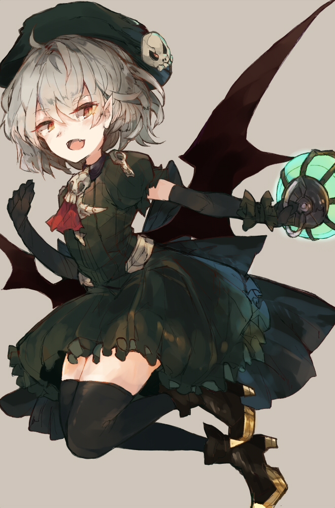 1girl, ahoge, alternate_costume, bat_wings, black_footwear, black_gloves, black_hat, black_legwear