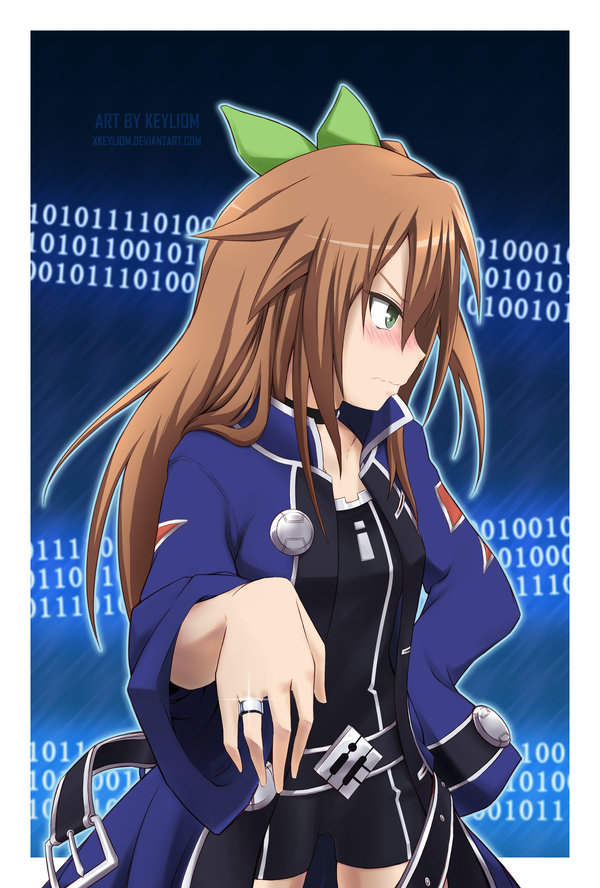 1girl, belt, blush, bow, breasts, brown_hair, embarrassed, green_eyes