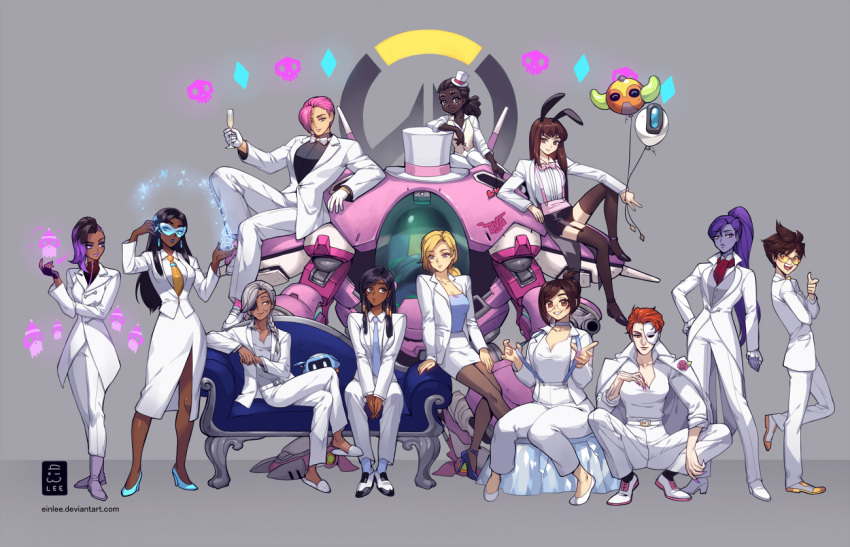 6+girls, alternate_hairstyle, ana_(overwatch), animal_ears, balloon, bastion_(overwatch), black_hair, blonde_hair, braid, brown_hair, character_balloon, couch, d.va_(overwatch), dark_skin, dress_suit, efi_oladele, ein_lee, everyone, eyepatch, facial_tattoo, formal, garter_straps, glasses, grey_hair, hairlocs, half_mask, hat, high_heels, ice, logo, mecha, mei_(overwatch), meka_(overwatch), mercy_(overwatch), mini_hat, mini_top_hat, moira_(overwatch), mother_and_daughter, multicolored_hair, multiple_girls, necktie, orisa_(overwatch), overwatch, pantyhose, pharah_(overwatch), pink_hair, purple_skin, rabbit_ears, simple_background, sitting, skull, smile, snowball_(overwatch), sombra_(overwatch), squatting, suit, sunglasses, suspenders, symmetra_(overwatch), tattoo, thigh-highs, top_hat, tracer_(overwatch), tuxedo, two-tone_hair, waistcoat, white_suit, widowmaker_(overwatch), zarya_(overwatch)
