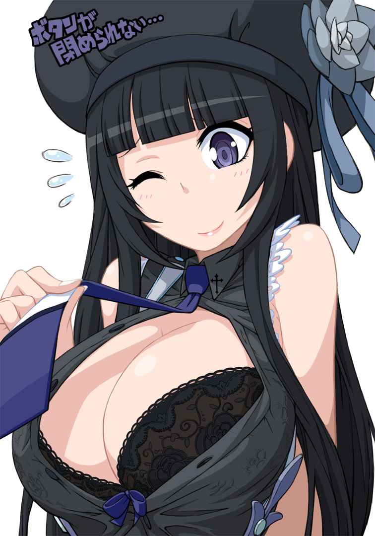1girl, ;), aoki_hagane_no_arpeggio, arm_at_side, bangs, bare_shoulders, black_bra, black_hair