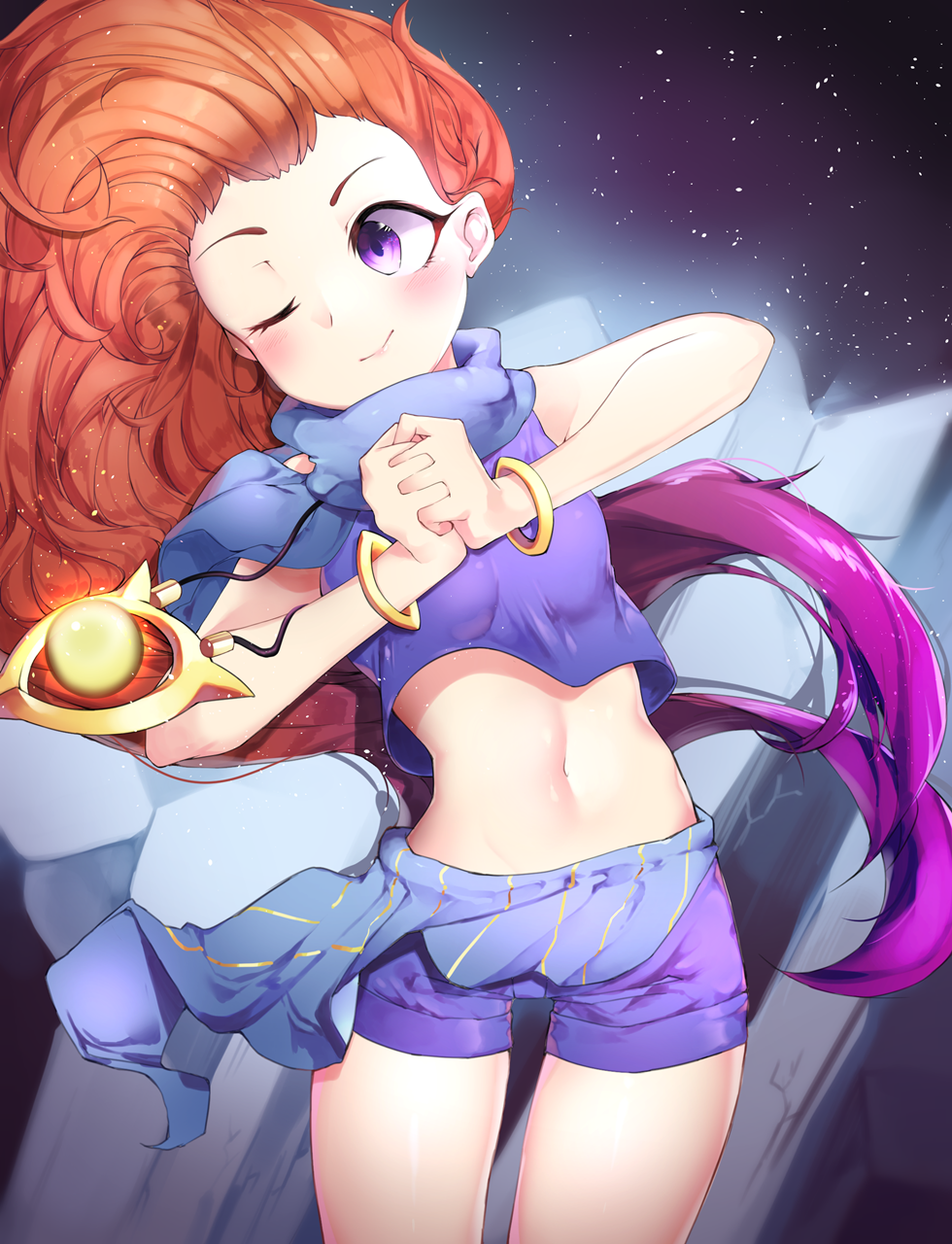1girl, ;), bil-ajeossi, blue_shorts, blush, bracelet, breasts, cowboy_shot