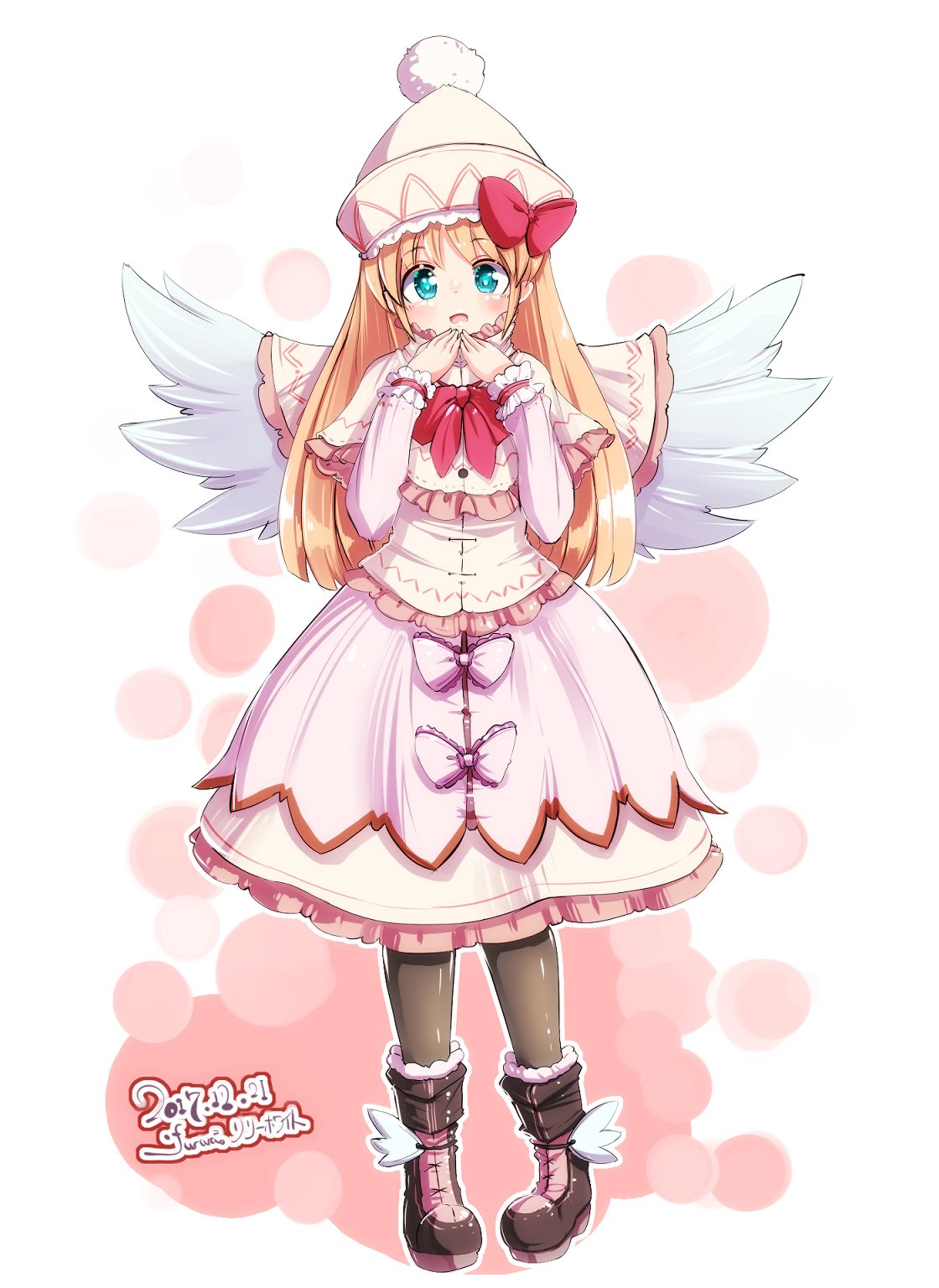 1girl, angel_wings, black_legwear, blonde_hair, blue_eyes, boots, dress, full_body