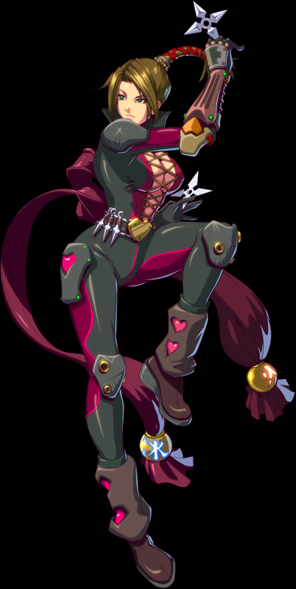 belt, bodysuit, boots, bow, breasts, brown_hair, cleavage, gloves, heart, kunai, ninja, ponytail, simple_background, throwing_star, weapon