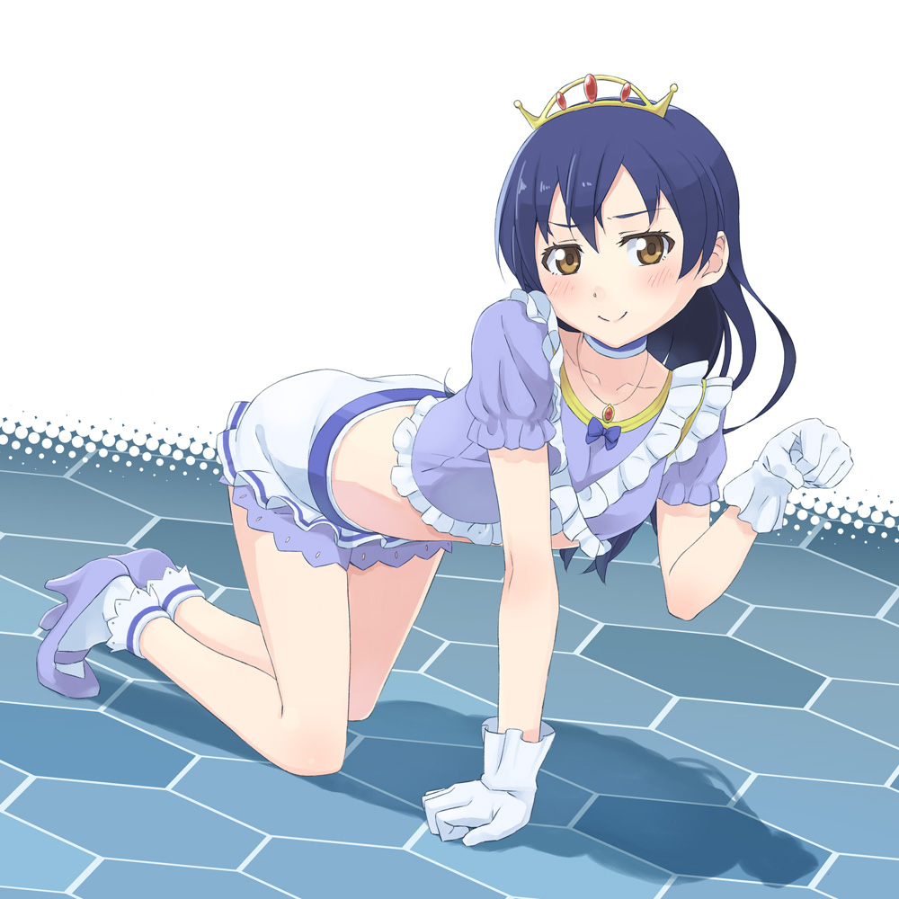 1girl, all_fours, bangs, blue_dress, blue_hair, blush, choker, commentary_request