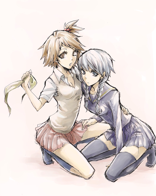breasts, brown_eyes, brown_hair, cleavage, genderswap, grey_eyes, hair_bobbles, hair_ornament