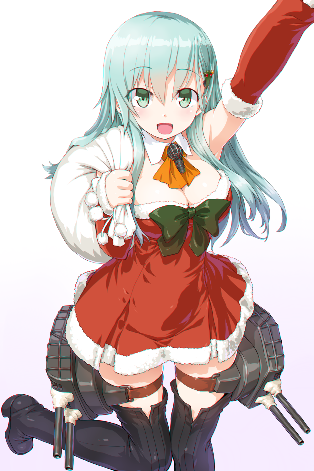 1girl, alternate_costume, aqua_hair, arm_warmers, black_legwear, blush, boots, breasts