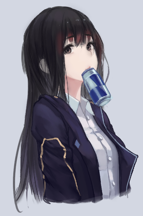 1girl, arms_at_sides, bangs, black_blazer, black_hair, blazer, brown_eyes, can