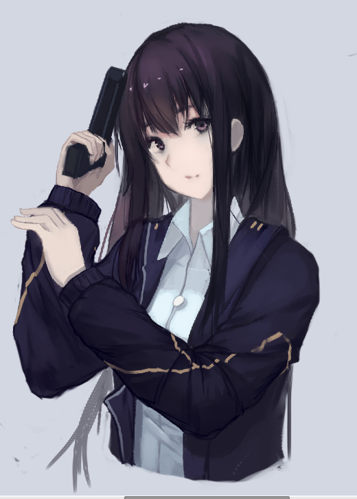1girl, arm_up, bangs, black_blazer, black_hair, blazer, brown_eyes, closed_mouth