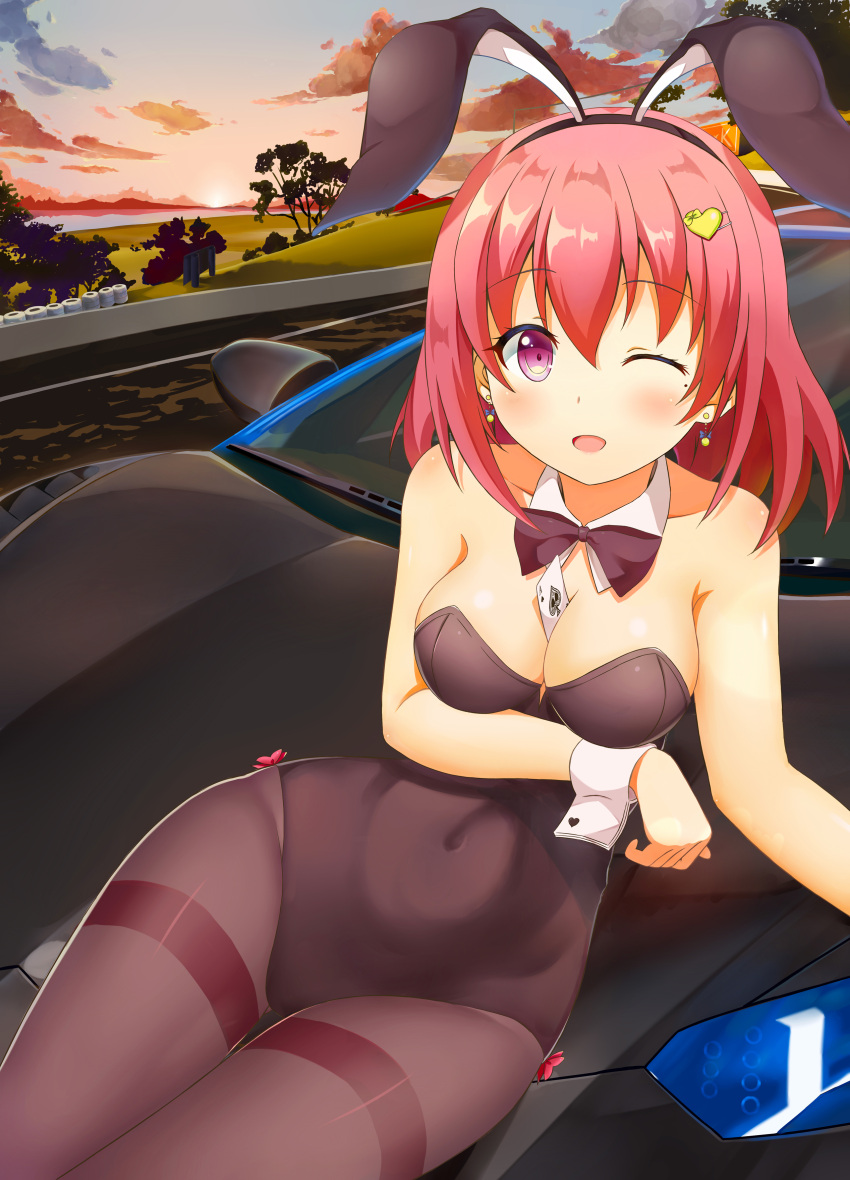 1girl, ;d, absurdres, ace_of_spades, animal_ears, bangs, bare_arms, bare_shoulders