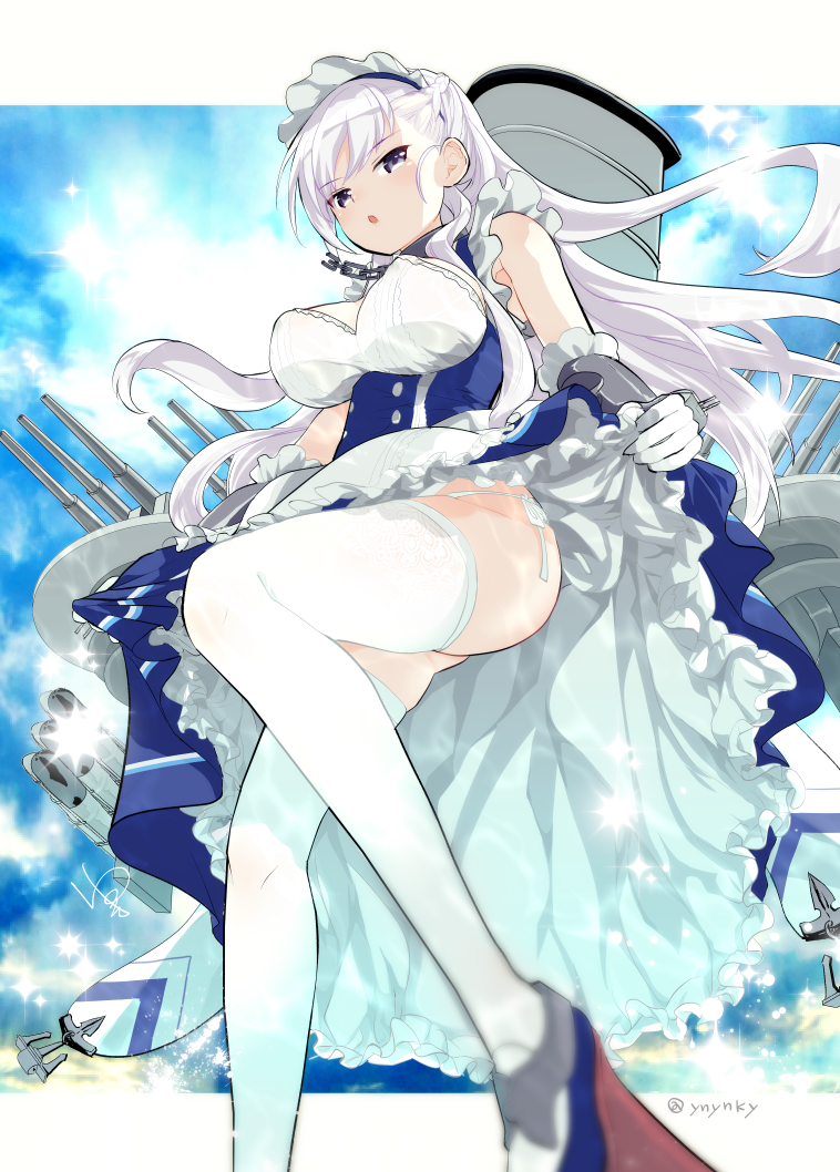 1girl, ass, azur_lane, bangs, belfast_(azur_lane), blue_eyes, blush, braid, breasts, chains, cleavage, collar, commentary_request, gloves, large_breasts, long_hair, looking_at_viewer, looking_down, maid, maid_headdress, silver_hair, solo, swept_bangs, thigh-highs, turret, white_legwear, yuzuki_yuno