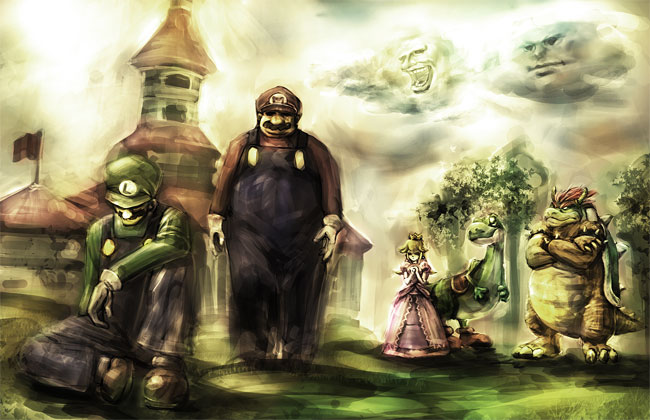 awesome, bowser, castle, cloud, clouds, dinosaur, everyone, face, kitakazuki, luigi, male, mario, nintendo, princess_peach, realistic, super_mario_bros., yoshi