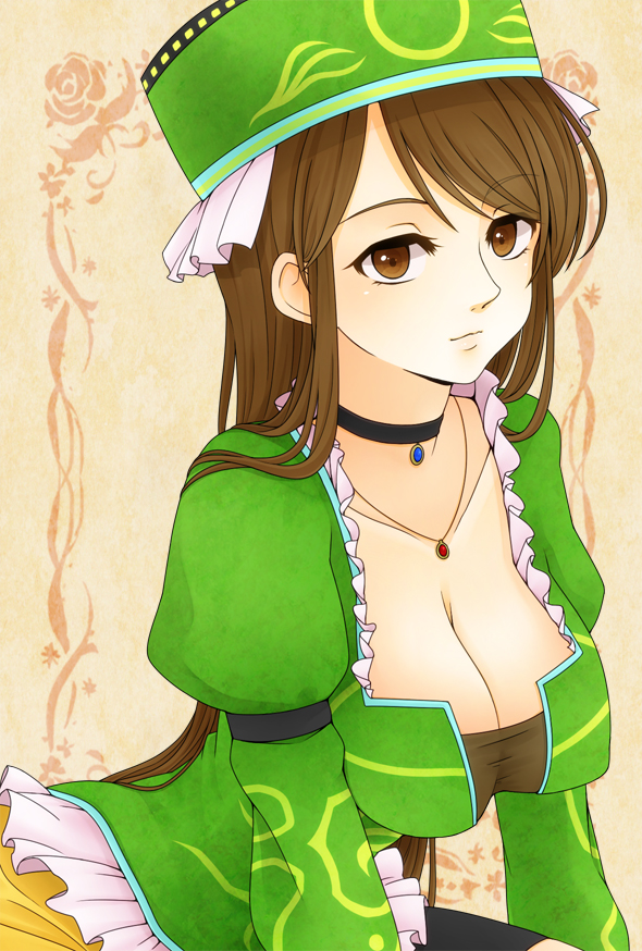 1girl, breasts, brown_eyes, brown_hair, choker, claudia_(saga), cleavage, commentary_request