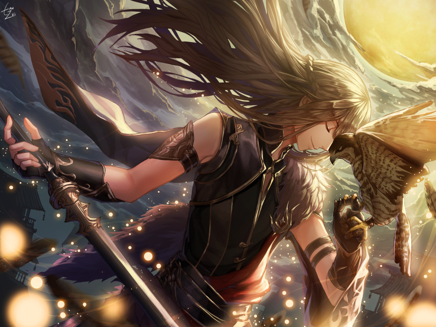 1boy, architecture, armlet, artist_name, bird, black_cape, black_gloves, braid, brown_gloves, brown_hair, cape, closed_eyes, crown_braid, east_asian_architecture, fingerless_gloves, fur_trim, gloves, hawk, highres, holding, holding_sword, holding_weapon, long_hair, male_focus, moonlight_blade, night, official_art, outdoors, solo, sword, tanzzi, upper_body, weapon