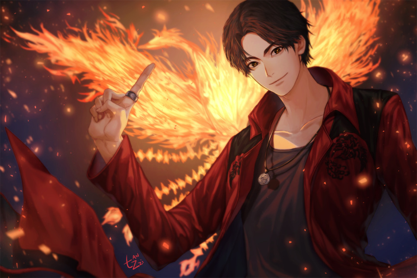 1boy, artist_name, bird, black_eyes, black_hair, blush, collarbone, eyebrows_visible_through_hair, jewelry, looking_at_viewer, male_focus, ootori_tsurugi, phoenix, ring, signature, smile, solo, super_sentai, tanzzi, thick_eyebrows, uchuu_sentai_kyuuranger