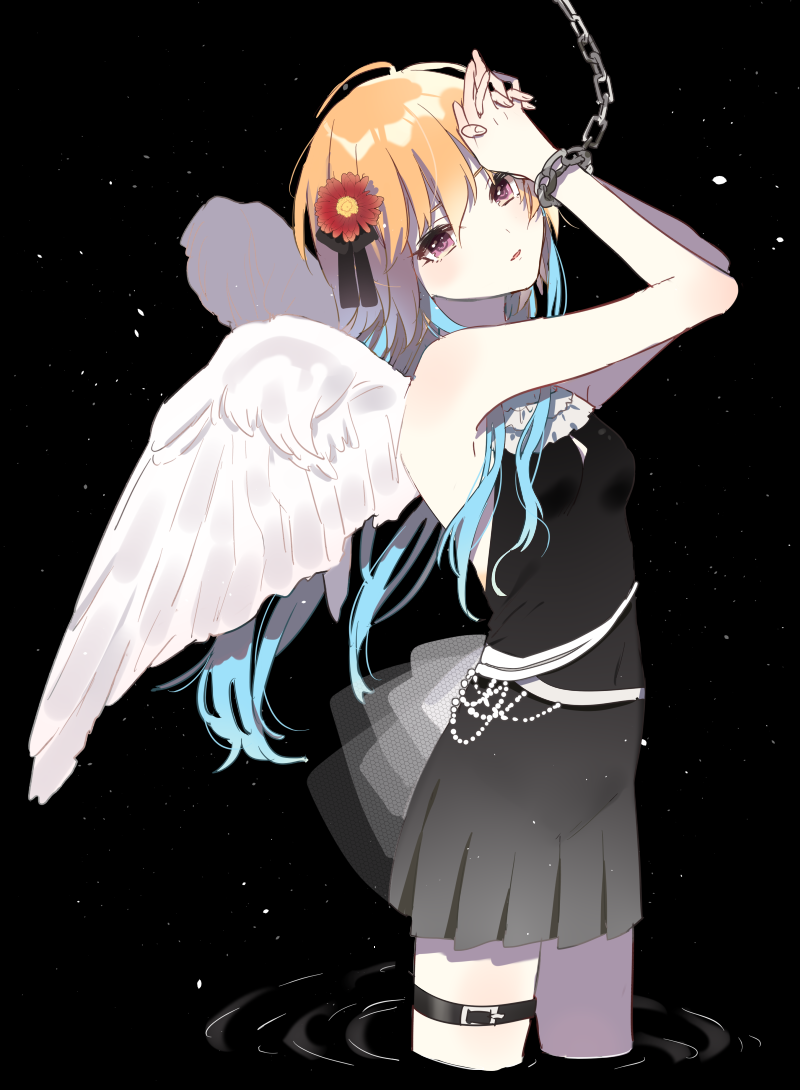 1girl, ahoge, armpits, arms_up, bare_arms, bare_shoulders, black_background, black_dress