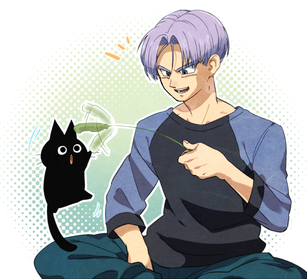 +++, 1boy, animal, blue_eyes, cat, dragon_ball, dragonball_z, long_sleeves