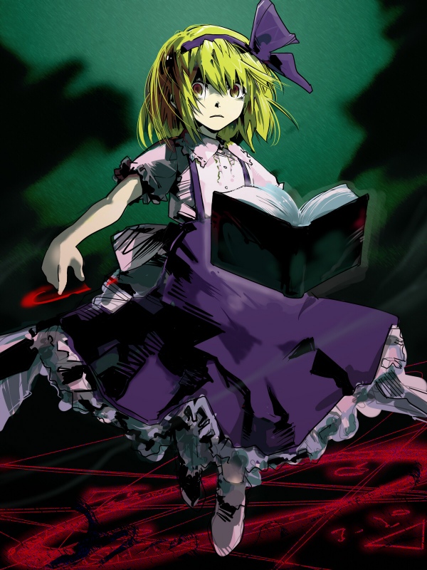 alice_margatroid, alice_margatroid_(pc-98), blonde_hair, book, hairband, magic_circle, ribbon, short_hair, solo, stare, teoshiguruma, touhou, touhou_(pc-98), yellow_eyes