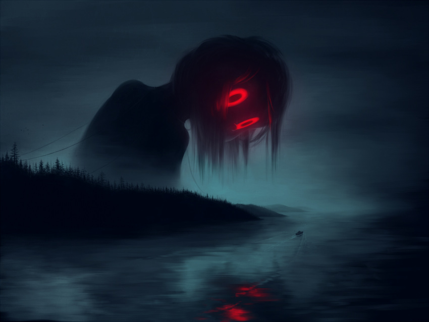 forest, glowing, glowing_eyes, highres, klaufir, leaning_forward, monster, nature, night, night_sky, original, red_eyes, reflection, ship, sky, staring, water, watercraft