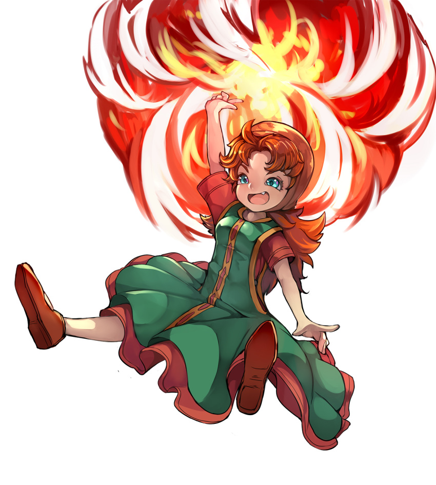 1girl, :d, arm_up, blue_eyes, brown_footwear, brown_hair, dragon_quest, dragon_quest_vii