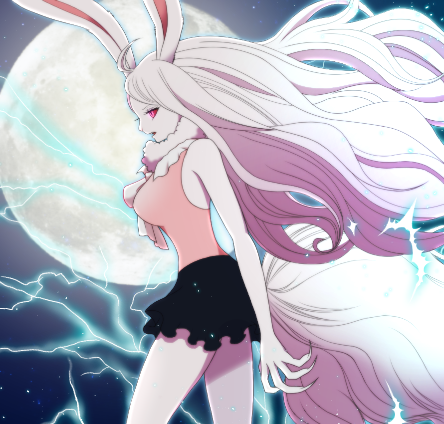 1girl, animal_ears, bunny_tail, carrot_(one_piece), dress, electricity, fur_trim, long_hair