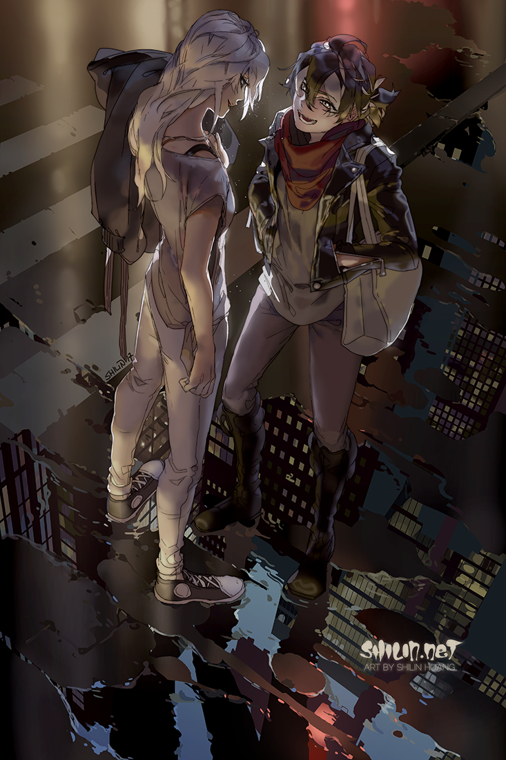 2girls, alternate_universe, artist_name, bag, blackbird, boots, building, carciphona