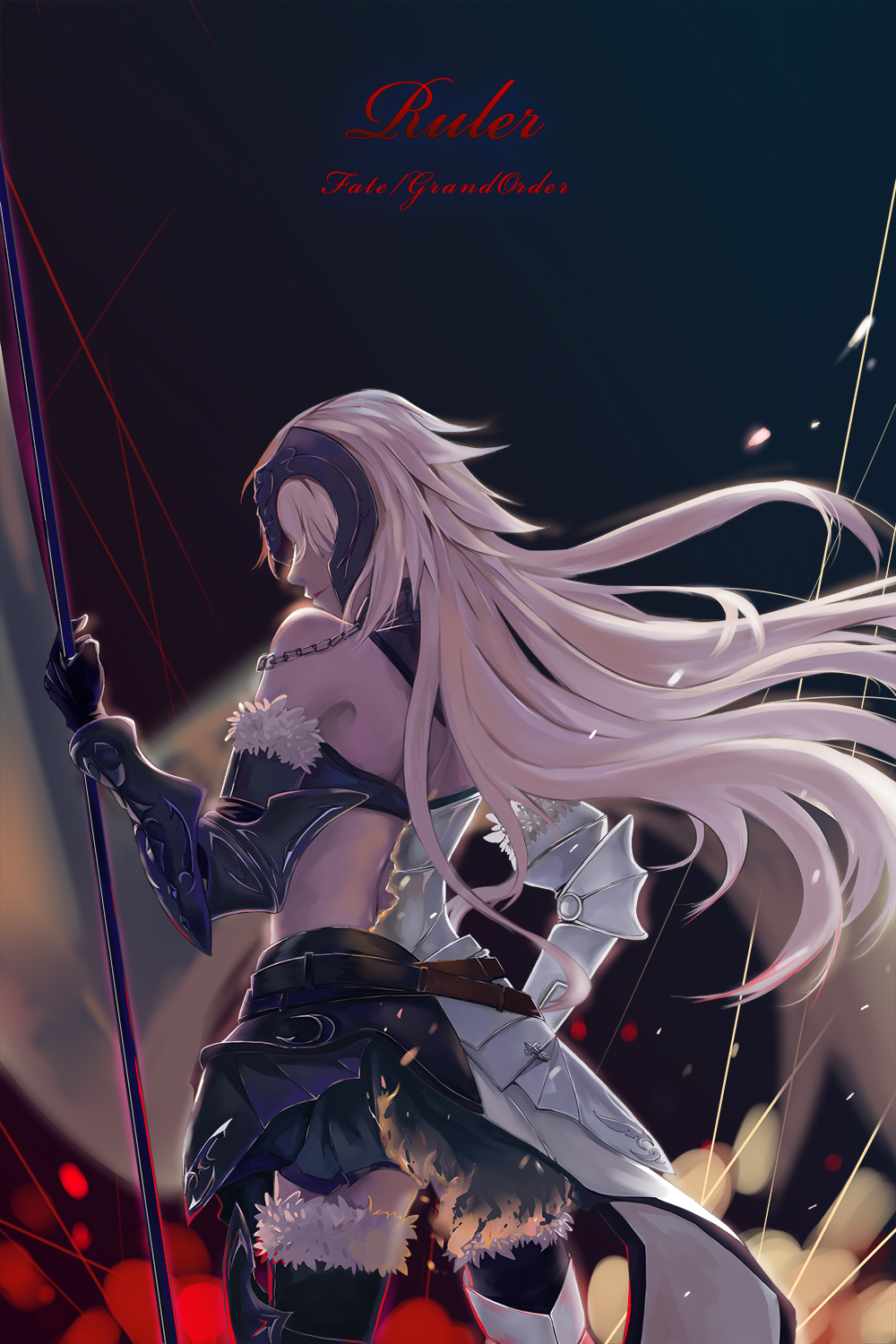 1girl, armor, bare_shoulders, belt, black_skirt, burning_clothes, chains, character_name