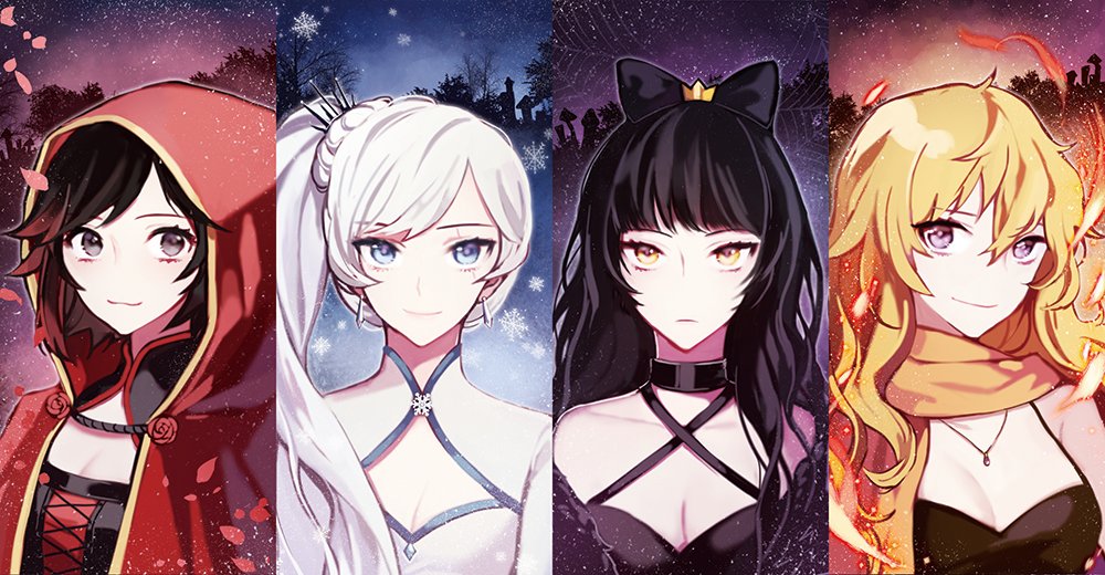 4girls, blake_belladonna, bow, breasts, cleavage, cloak, commentary_request, dress