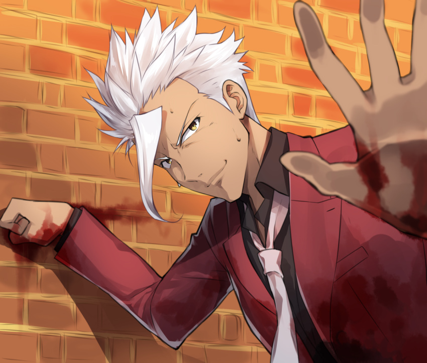 1boy, black_shirt, blood, bloody_hands, brick_wall, collared_shirt, dark_skin, dark_skinned_male, gundam, gundam_tekketsu_no_orphans, jacket, looking_at_viewer, male_focus, necktie, orga_itsuka, red_jacket, shirt, sp;p, spiky_hair, white_hair, white_neckwear, yappen, yellow_eyes