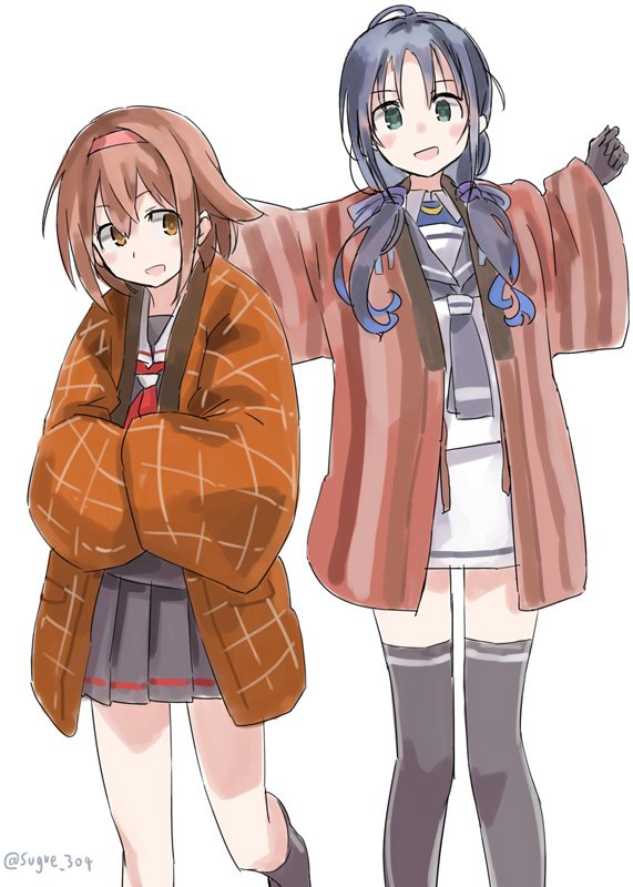 2girls, :d, black_gloves, black_legwear, black_serafuku, black_skirt, blue_hair, blue_neckwear