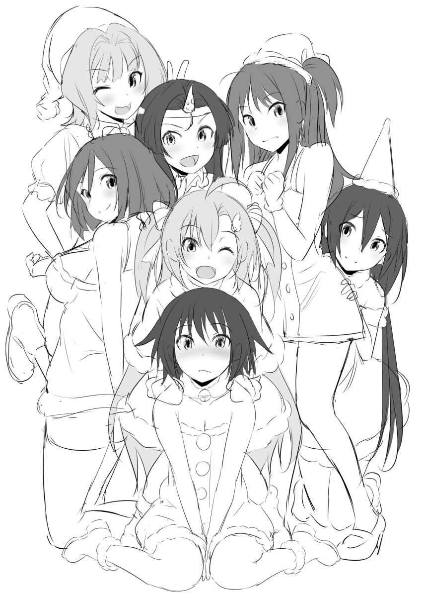 6+girls, :d, ;d, absurdres, ahoge, aleister_air, alise_flockheart, breasts, cleavage, commentary, eyebrows_visible_through_hair, fake_horns, formation_girls, grey_hair, hair_ornament, hairband, hairclip, hat, highres, kamikiri_senka, looking_at_viewer, monochrome, multiple_girls, nina_pawlenko, olga_hodrewa, one_eye_closed, open_mouth, ozaki_rin, party_hat, rabi_chaser, santa_costume, santa_hat, short_hair, simple_background, smile, tenkuu_nozora, white_background