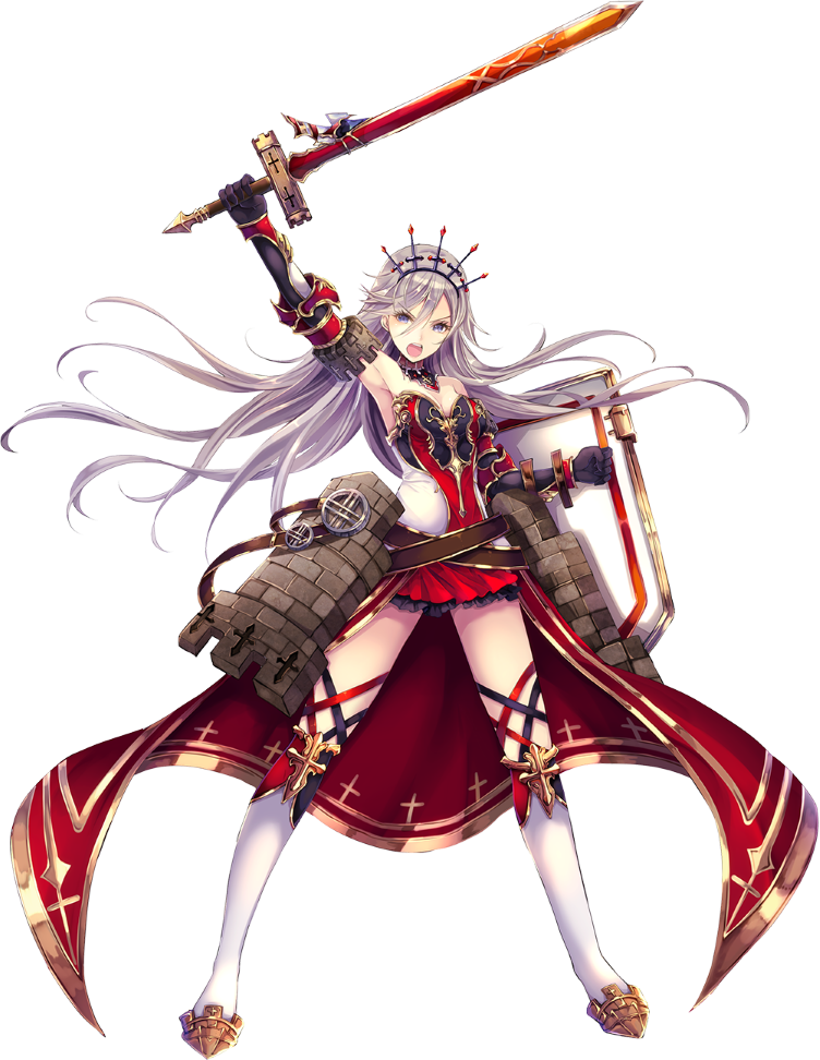 >:o, 1girl, arm_up, armpits, bare_shoulders, black_gloves, boots, breasts, cape, cleavage, detached_sleeves, full_body, gloves, holding, holding_shield, holding_sword, holding_weapon, kether, large_breasts, long_hair, looking_at_viewer, miniskirt, official_art, oshiro_project, oshiro_project_re, red_cape, sheath, sheathed, shield, silver_hair, skirt, solo, sword, thigh-highs, thigh_boots, tiara, transparent_background, violet_eyes, warwick_(oshiro_project), weapon, white_footwear