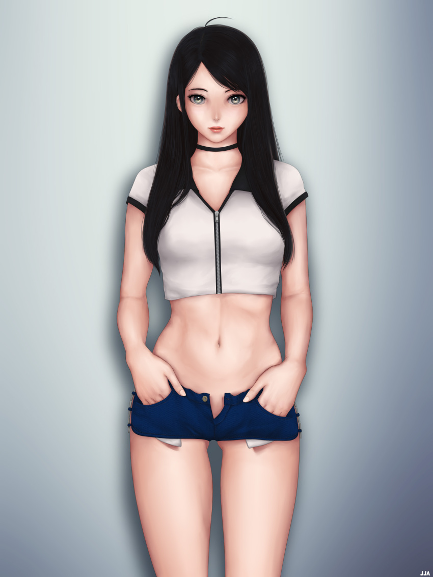 1girl, abs, absurdres, ahoge, aithne_(khalitzburg), black_hair, choker, crop_top, denim, denim_shorts, hand_in_pocket, highres, khalitzburg, legs, long_hair, looking_at_viewer, navel, no_panties, o-ring_bottom, original, shirt, short_shorts, shorts, simple_background, solo, standing, unzipped, zipper