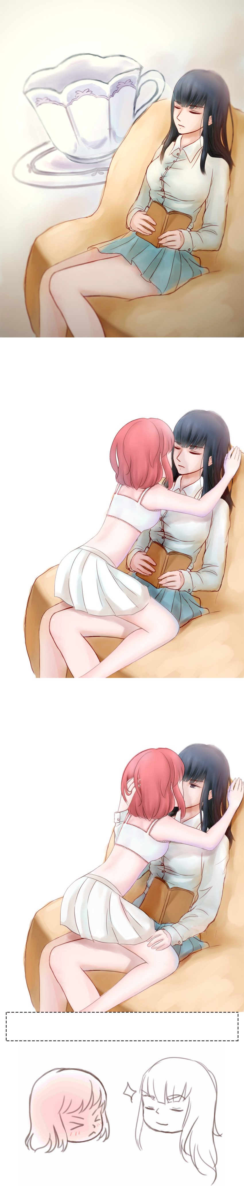absurdres, black_hair, blow, blush, chibi, coffee_mug, crop_top, highres
