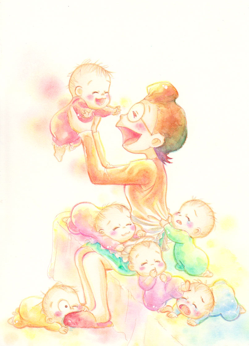 baby, colored_pencil_(medium), holding, matsuno_matsuyo, mother_and_son, osomatsu-san, sextuplet_(osomatsu-kun), sextuplets