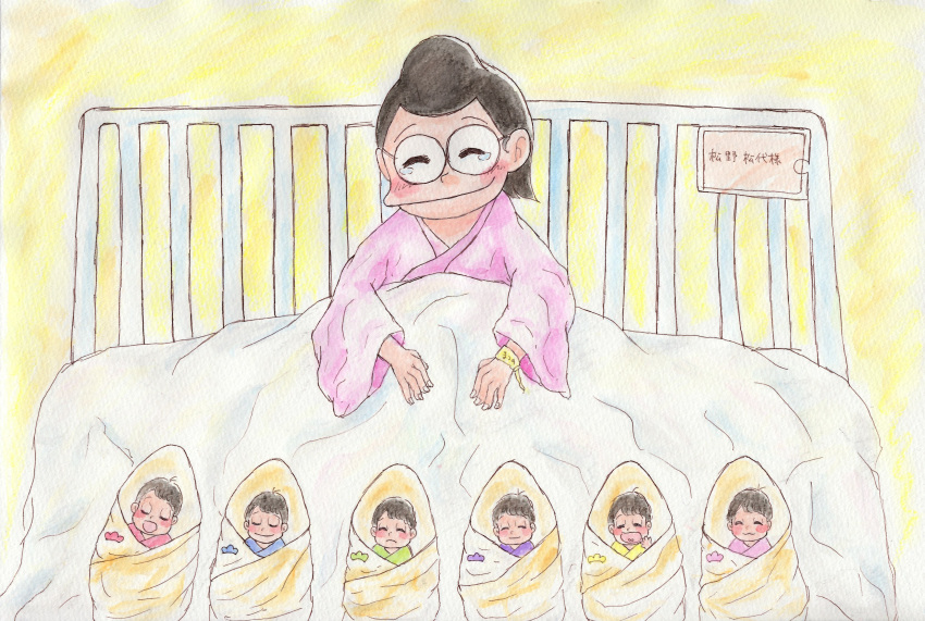 absurdres, baby, bed, colored_pencil_(medium), highres, hospital, hospital_band, hospital_bed