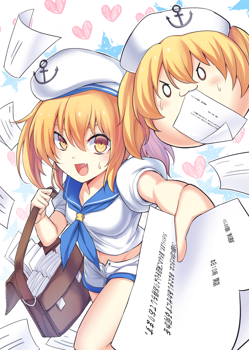 1girl, :3, blonde_hair, breasts, commentary_request, fang, foreshortening, hat
