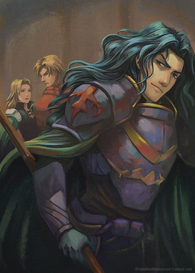 1girl, 2boys, armor, blonde_hair, blue_hair, breastplate, cape, curly_hair, evil_grin, evil_smile, fire_emblem, fire_emblem:_seima_no_kouseki, glen_(fire_emblem), grin, holding, holding_spear, holding_weapon, long_hair, looking_at_viewer, multiple_boys, pauldrons, polearm, smile, spear, valter, weapon